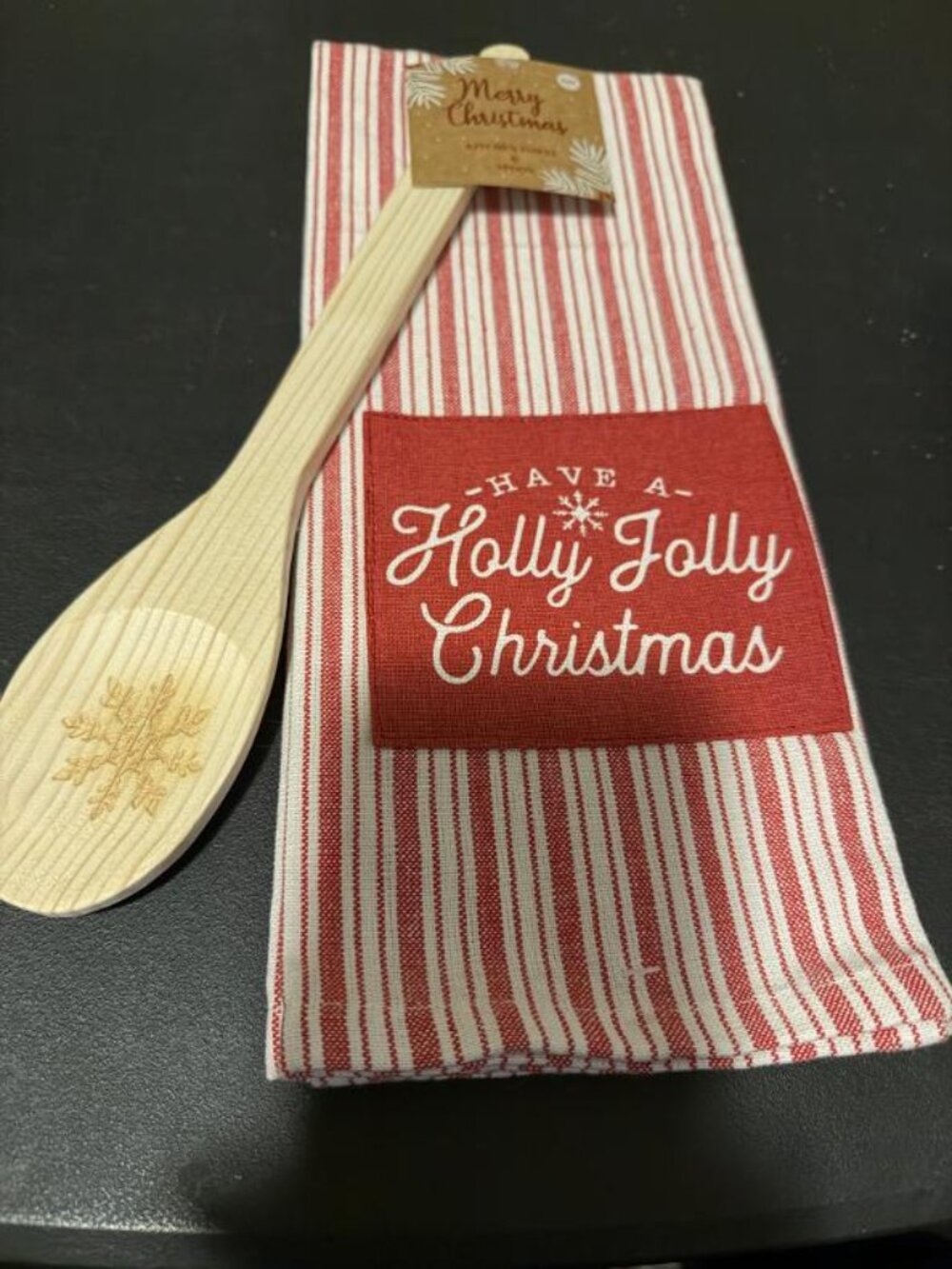 "Have a Holly Jolly Christmas" 16"x26" Kitchen Tea Towel Set w/Wooden Spoon NWT